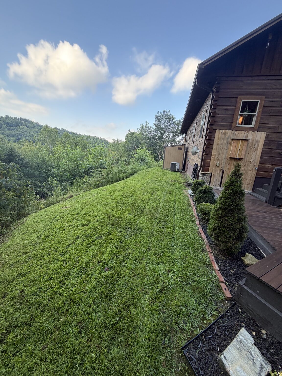 Freshly maintained lawn beside a mountain cabin